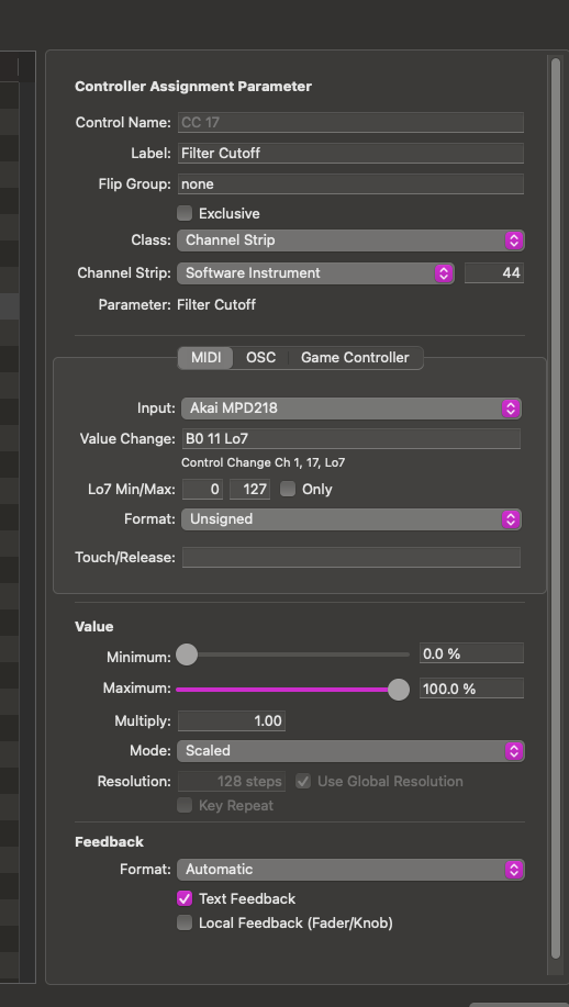 Logic Pro Controller Assignment Parameter window mapping Akai MPD218 control change 17 to Filter Cutoff.