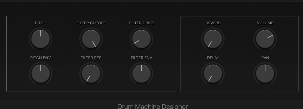 Drum Machine Designer pad control panel showing pitch, filter cutoff, filter drive, reverb, volume, delay and pan knobs.