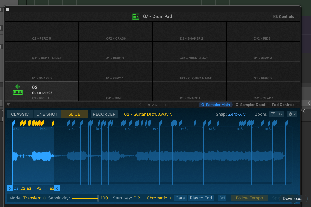 Logic Pro Drum Machine Designer with Quick Sampler open in Slice mode and a guitar waveform divided into playable slices.